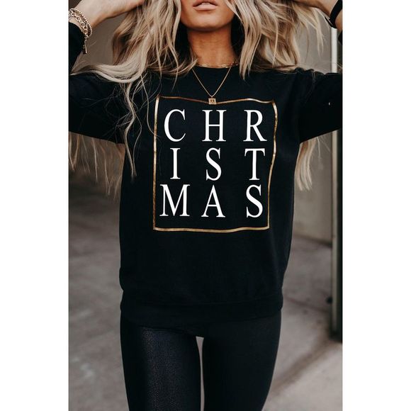 Azura Exchange  Black CHRISTMAS Glitter Print Crew Neck Sweatshirt - Picture 1 of 9